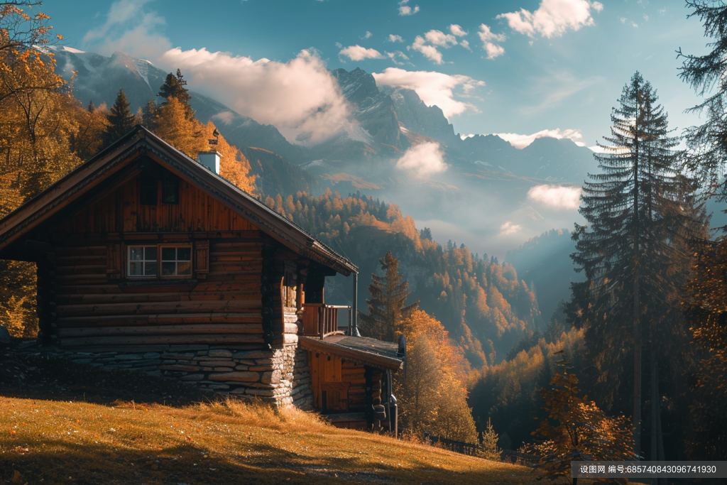 高山的小木屋自然风景摄影图