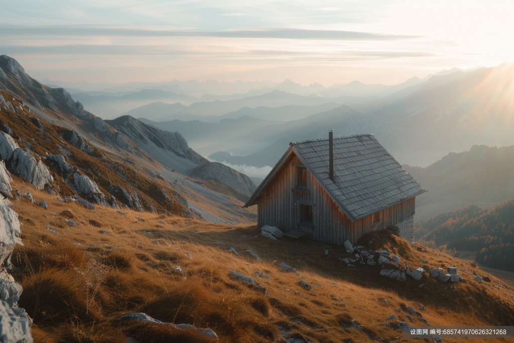 山林的小木屋自然风景摄影图