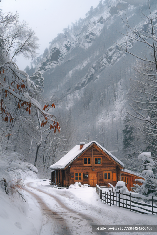 冬季雪景乡村小木屋