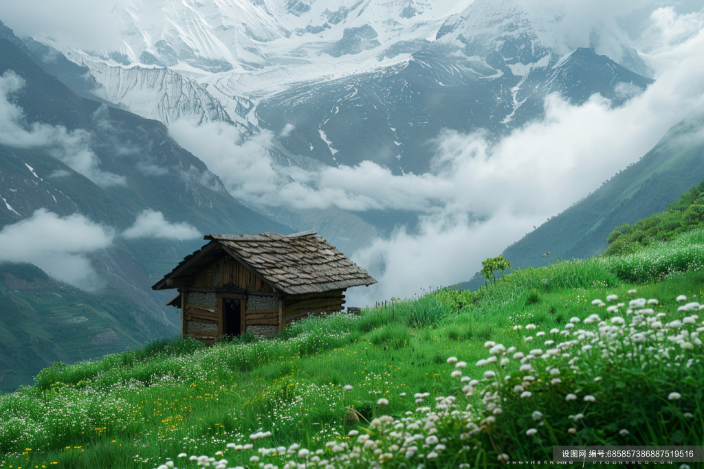 春天林中的小屋图片