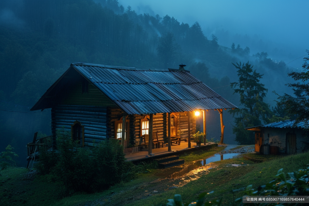 山中小木屋傍晚夜景