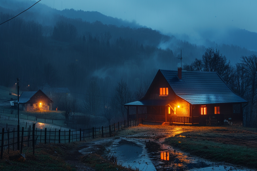 丛林小木屋傍晚夜景