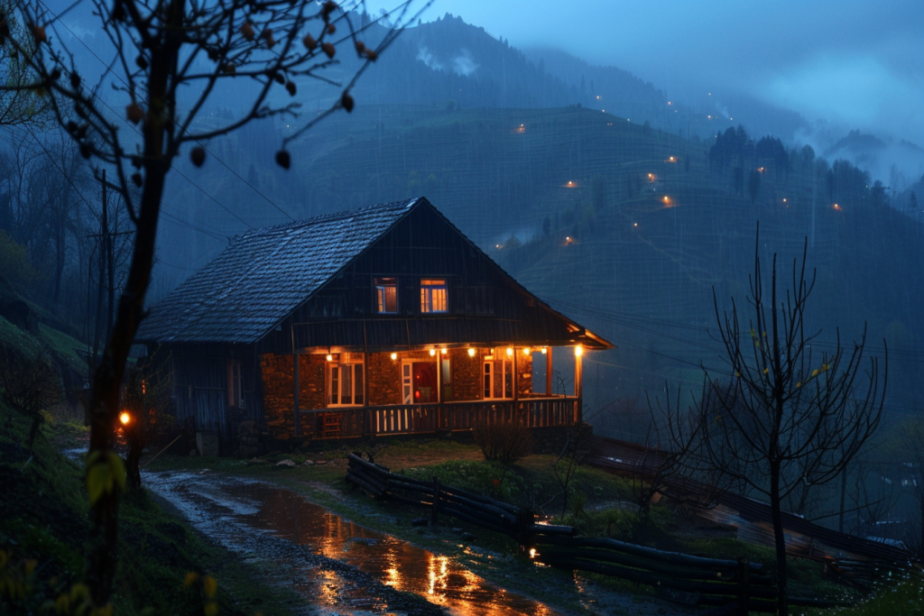 乡间小木屋傍晚夜景