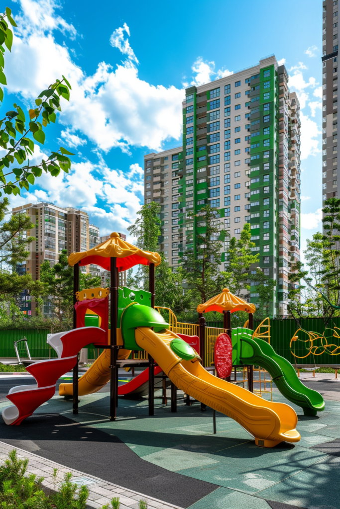 住宅区公用儿童组合滑梯摄影图
