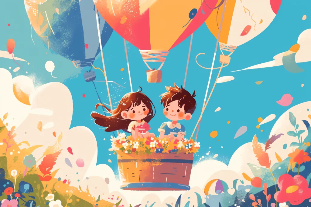 热气球儿童节扁平化六一小孩人物玩耍插画