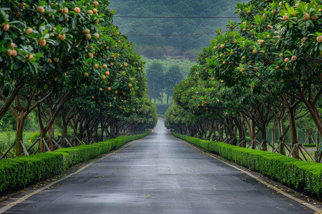 公路旁林荫小道摄影图片