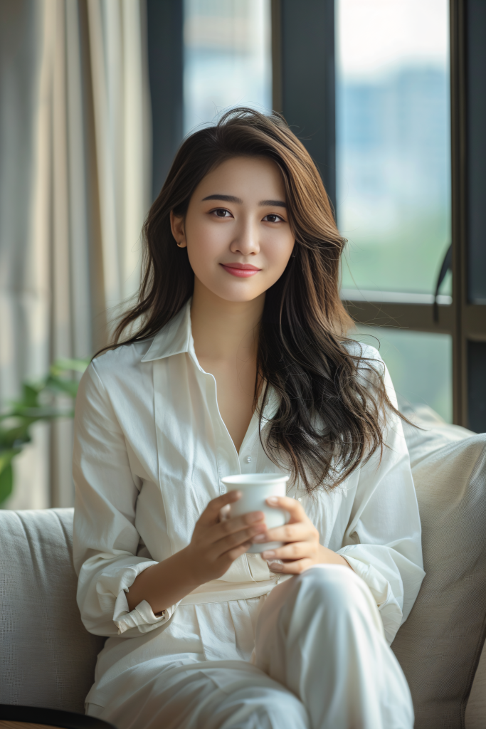 坐在沙发上喝茶的居家少女