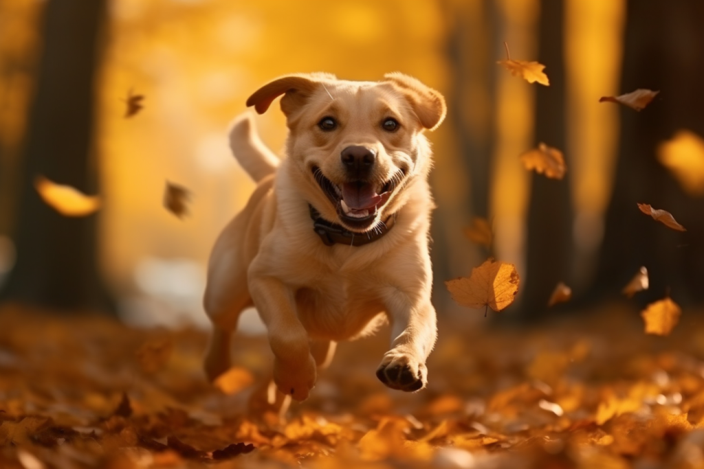 森林里奔跑的拉布拉多犬