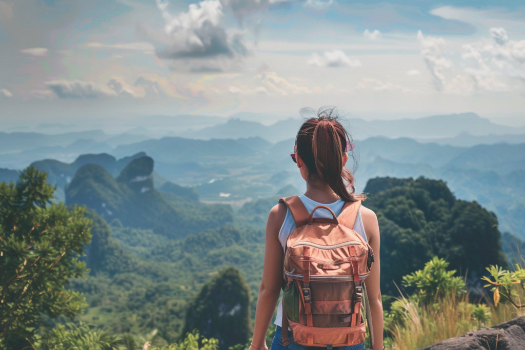 野外旅行背包客背影图片