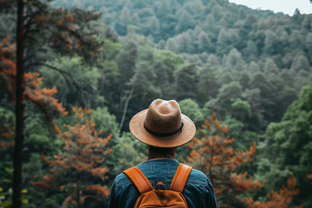 森林旅行背包客背影图片