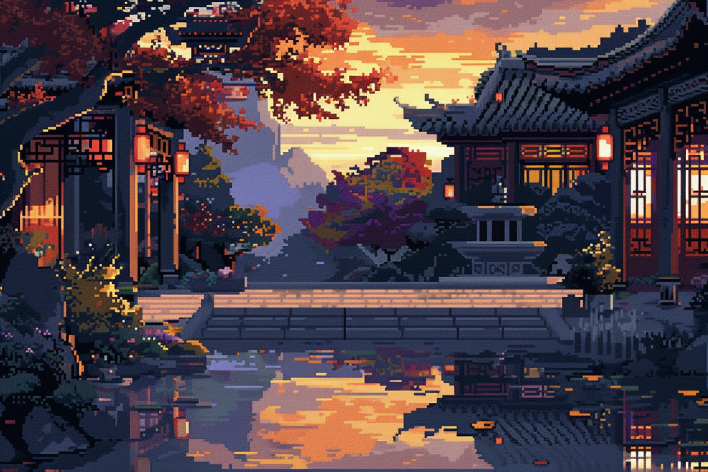 中式古建筑像素风插画绘画