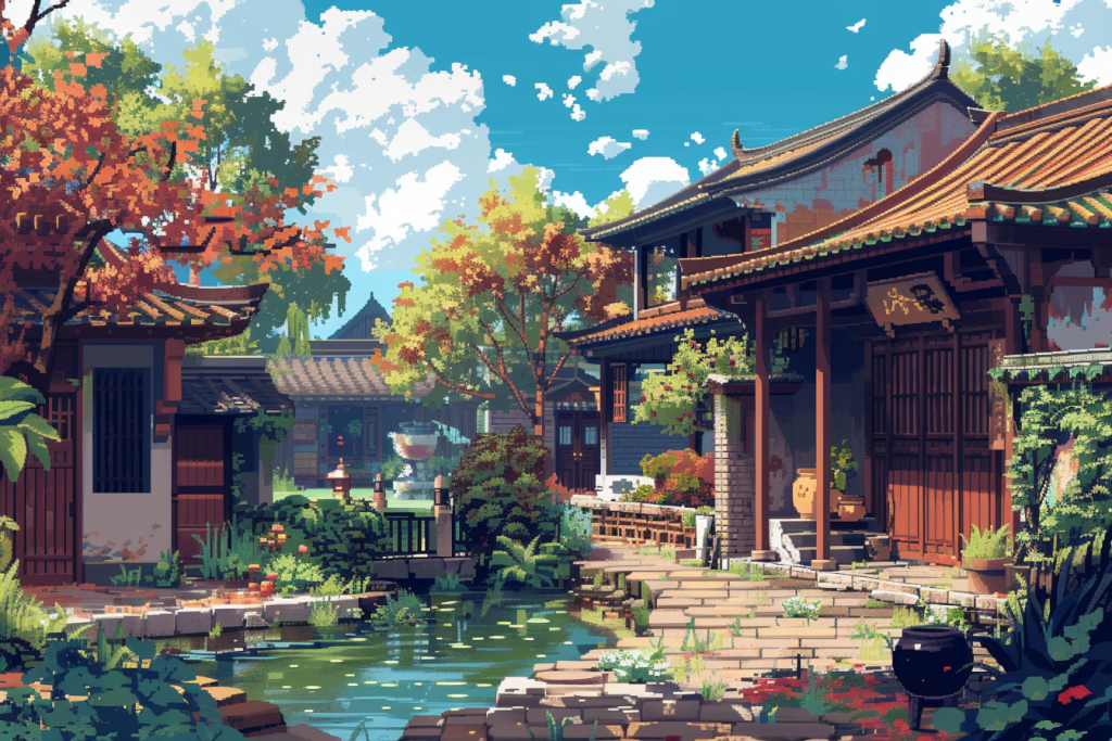 雅致古建筑像素风插画绘画