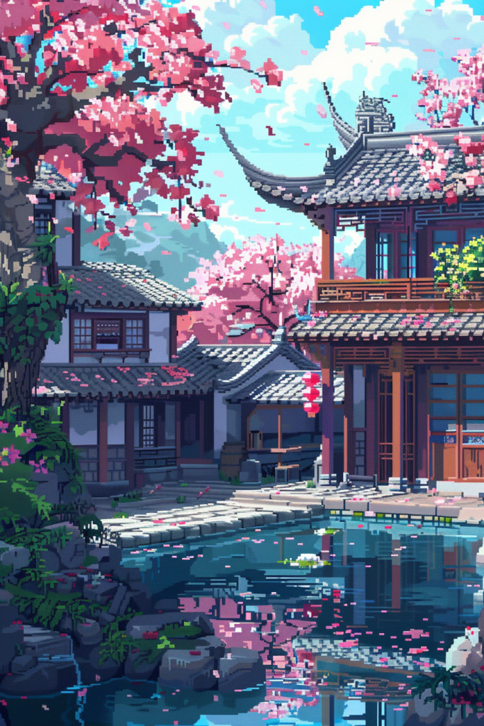 古镇园林像素风插画绘画