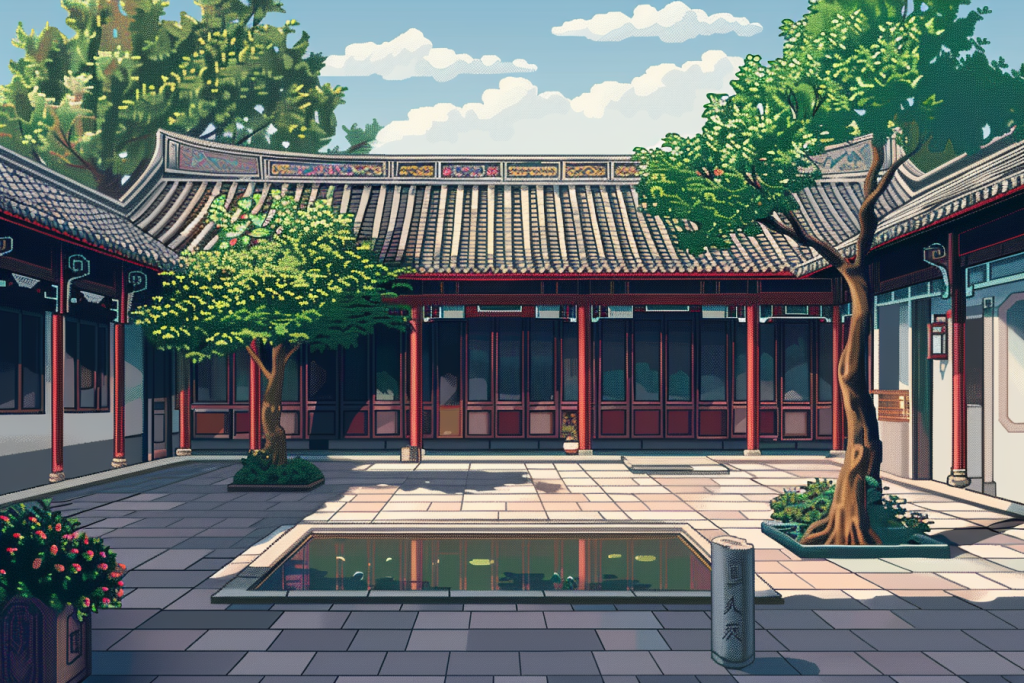 古镇生活像素风插画绘画