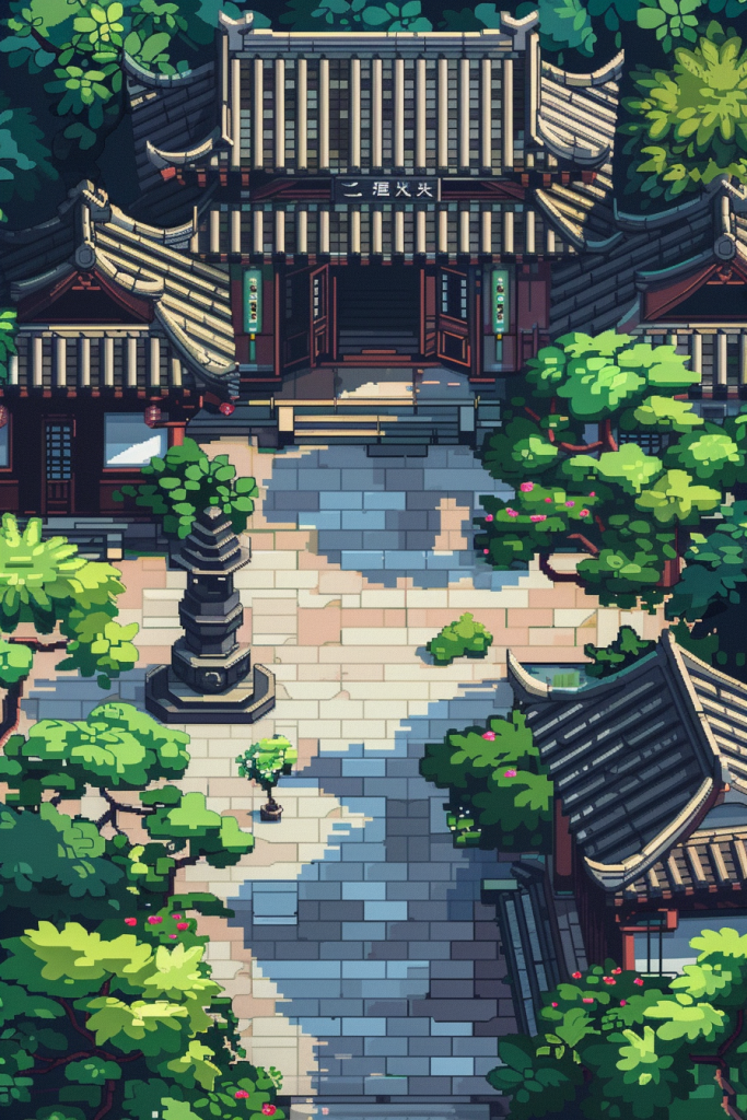 古建筑园艺像素风插画绘画