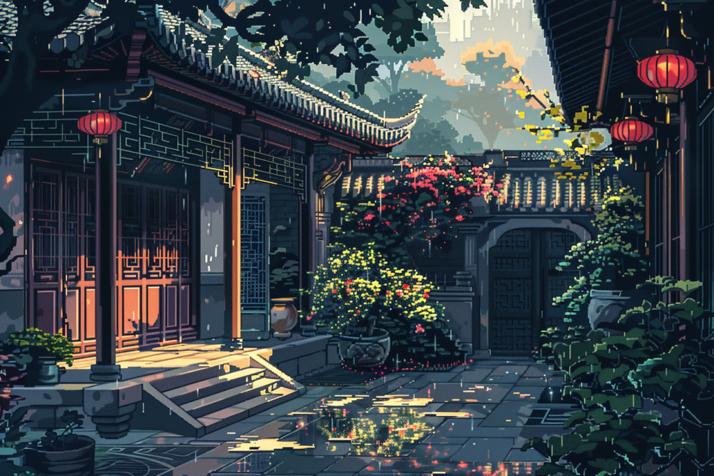 雅致四合院像素风插画绘画