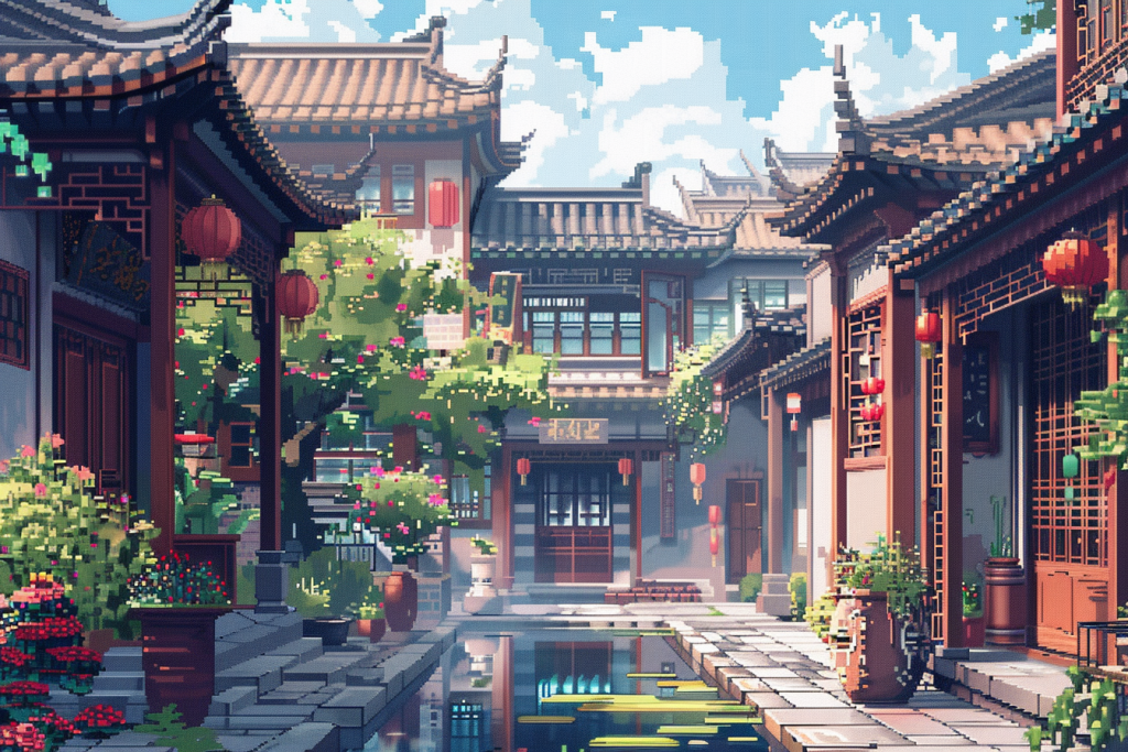 四合院建筑像素风插画绘画