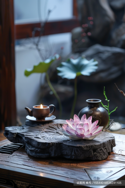 雅致的新中式荷花禅意布置png下载_编号715544018536241105-设图网