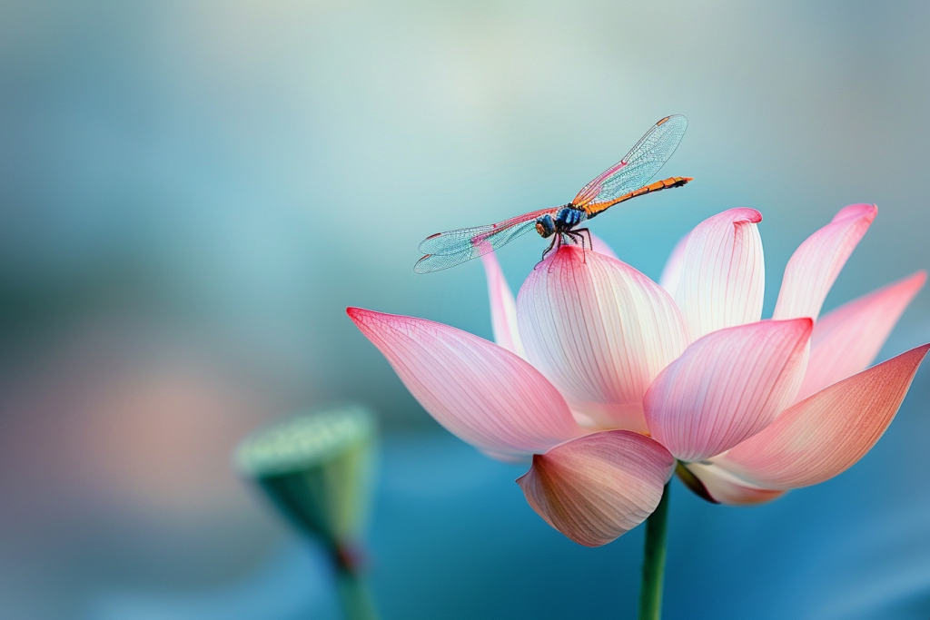 大暑节气蜻蜓荷花盛开摄影图