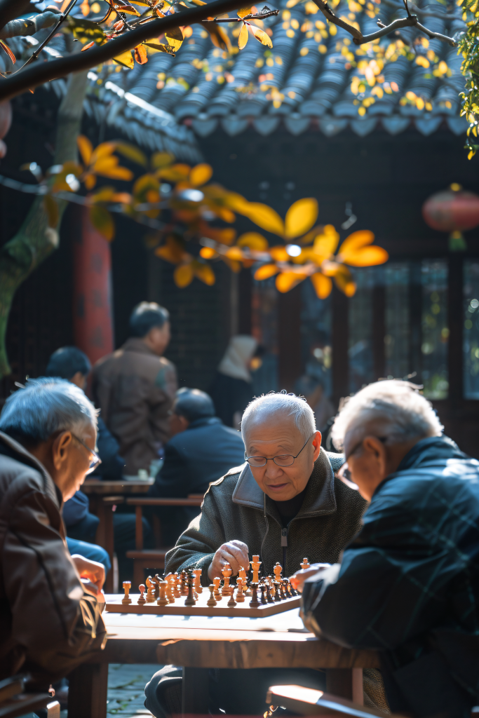 老人退休生活户外下棋图片