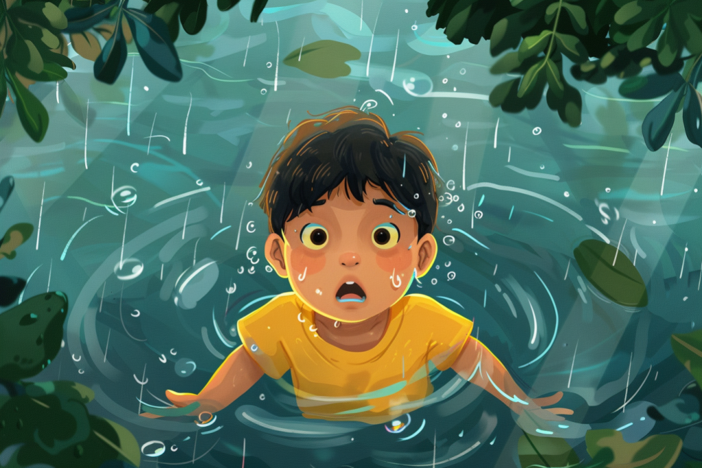 小孩落水暑假安全插画