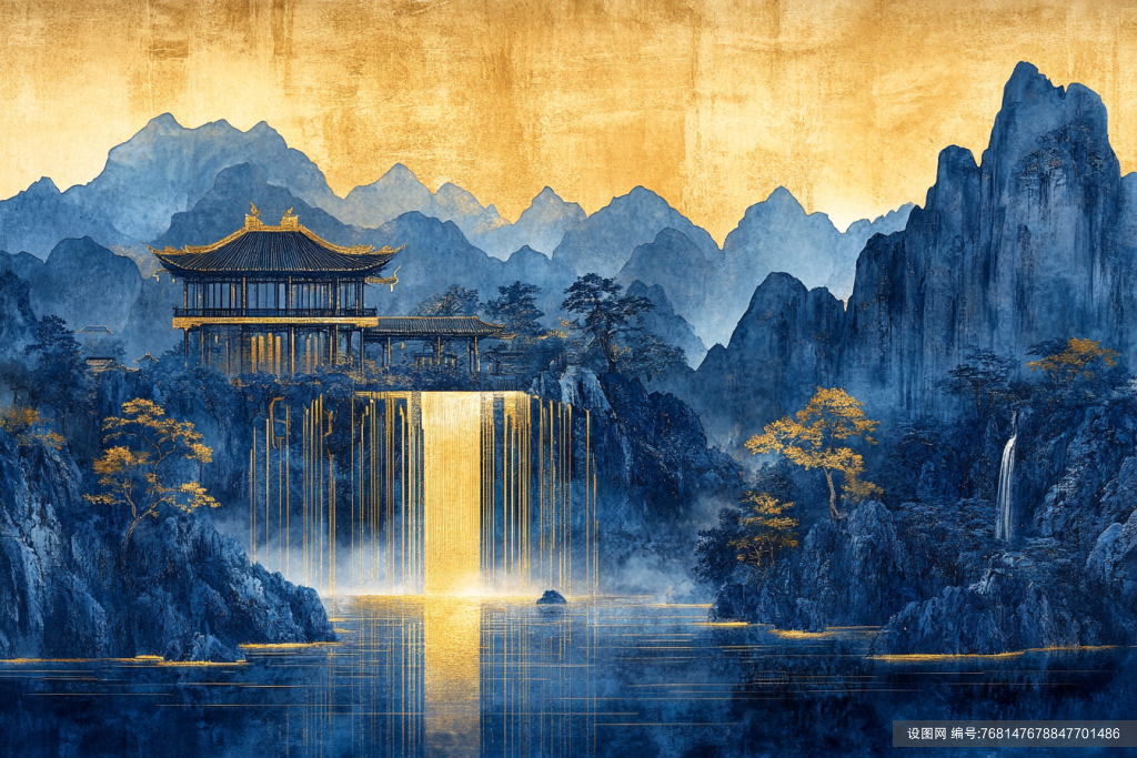 中式鎏金山水风景画png下载_编号768147678847701486-设图网