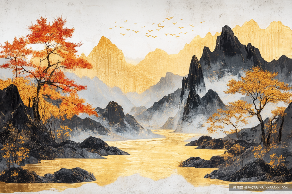 中式鎏金自然风景画png下载_编号768148144566441904-设图网
