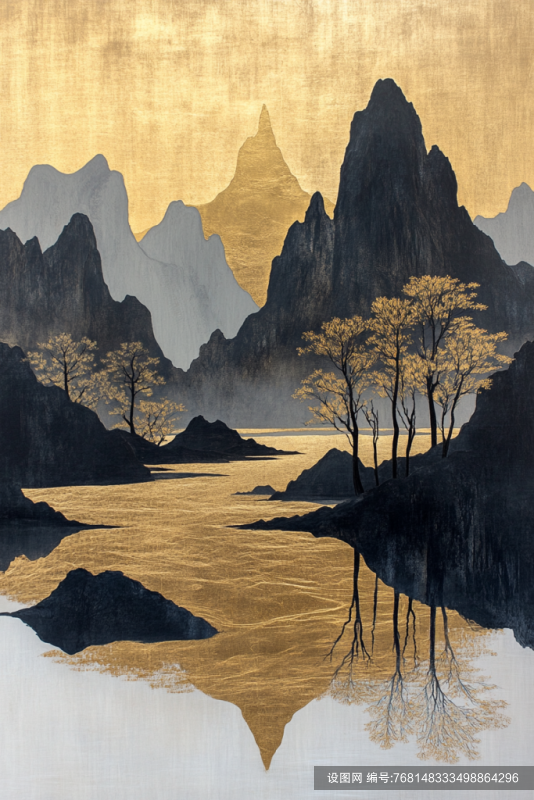 中式鎏金工笔山水画png下载_编号768148333498864296-设图网