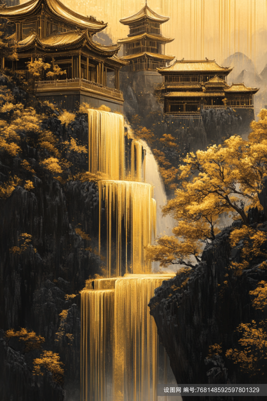 中式鎏金山水绘画png下载_编号768148592597801329-设图网