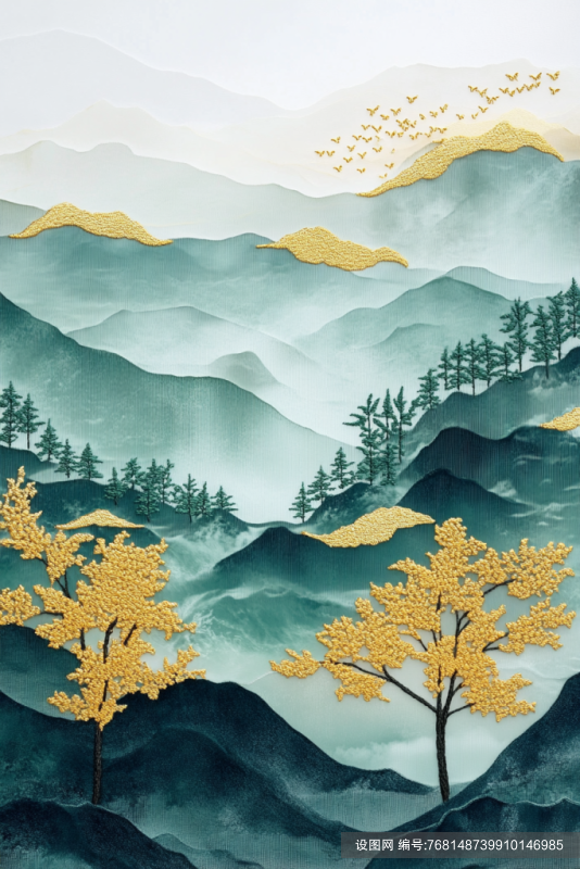中式鎏金传统山水画png下载_编号768148739910146985-设图网