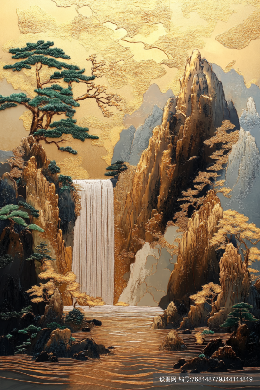 中式鎏金泼墨山水画png下载_编号768148779844114819-设图网