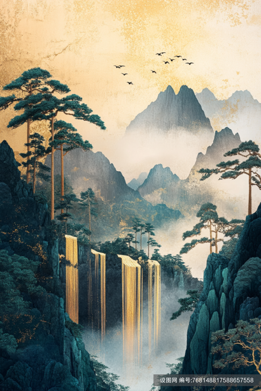 中式鎏金泼墨山水画png下载_编号768148817588657558-设图网