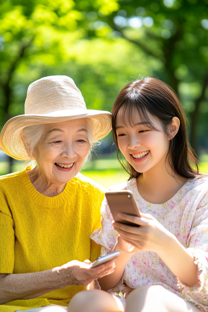 公园亲密母女家庭合影