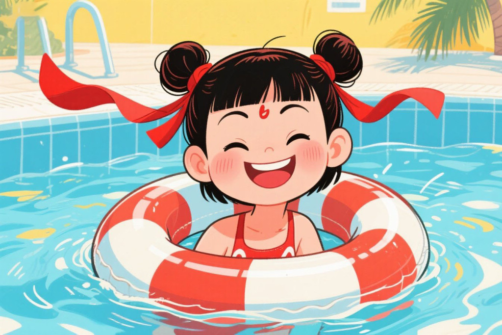 哪吒游泳卡通插画
