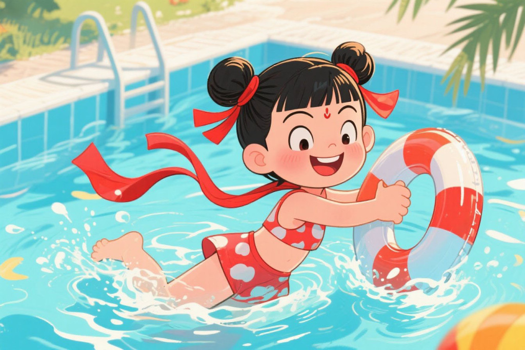 哪吒游泳卡通插画