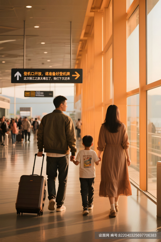 亲子度假旅游幸福的一家人提行李箱登机jpg下载_编号822040325697706383-设图网