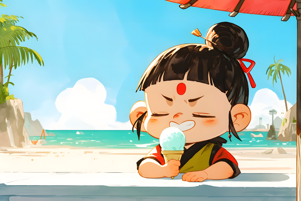 哪吒夏日吃冰激凌卡通绘画