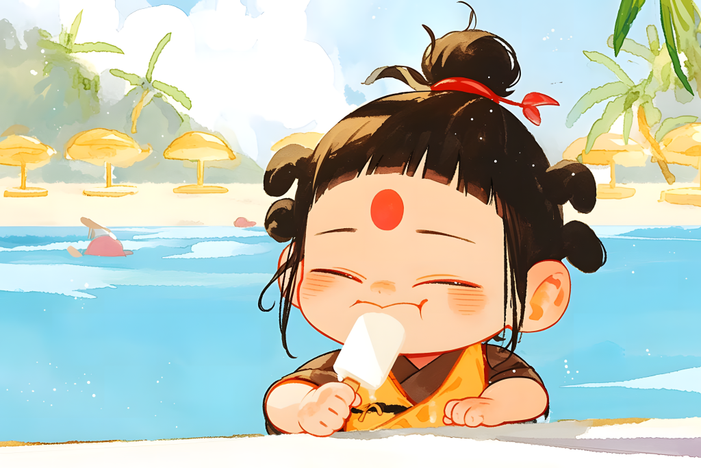 哪吒夏日吃冰激凌卡通绘画