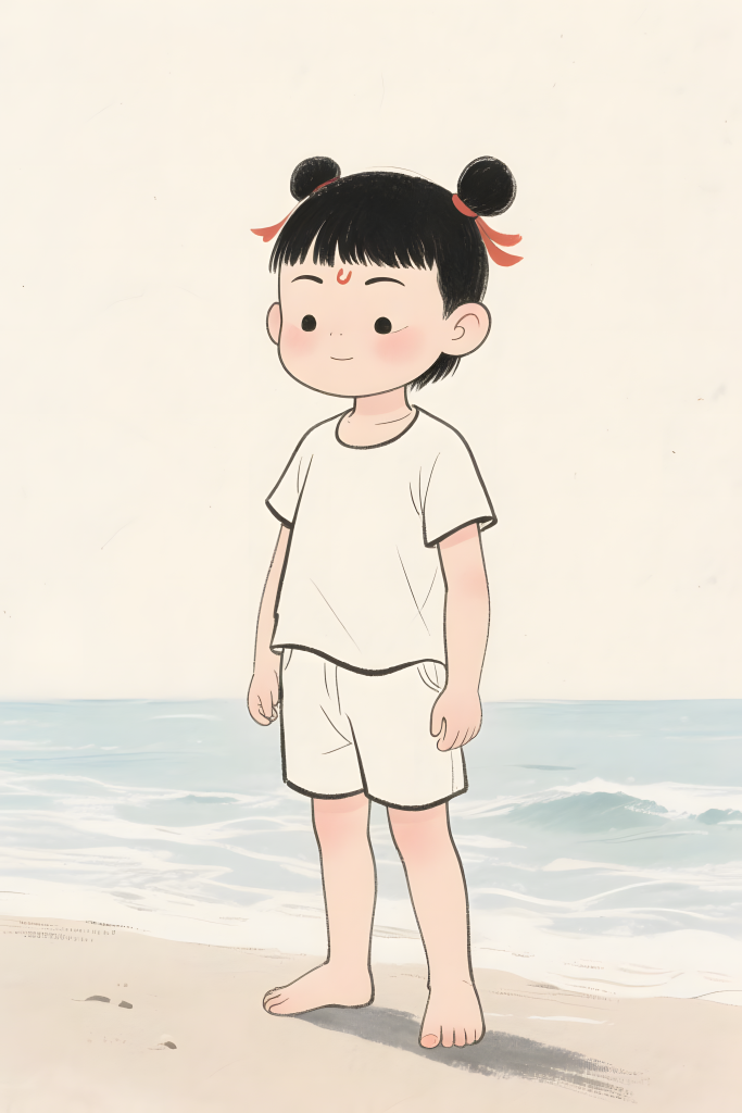 哪吒海边玩耍卡通绘画