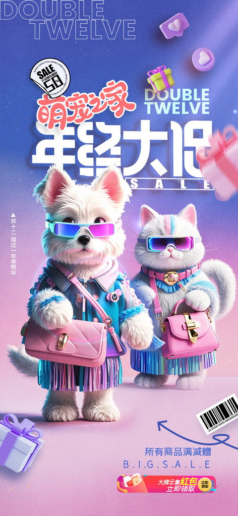 宠物之家双十二双12年终电商购物促销海报