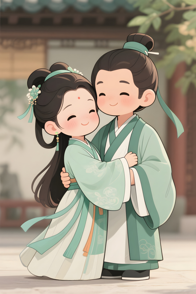 古代汉服情侣Q版人物七夕插画