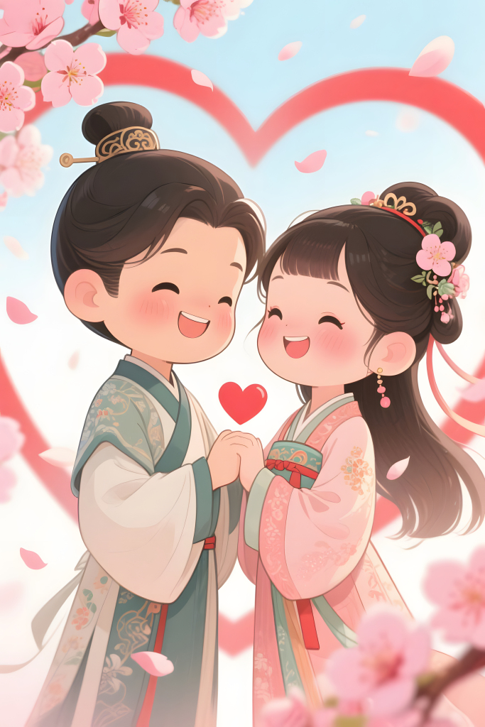 中国风古风汉服情侣Q版人物七夕插画