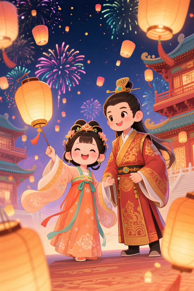 中国风古风汉服情侣Q版人物七夕插画