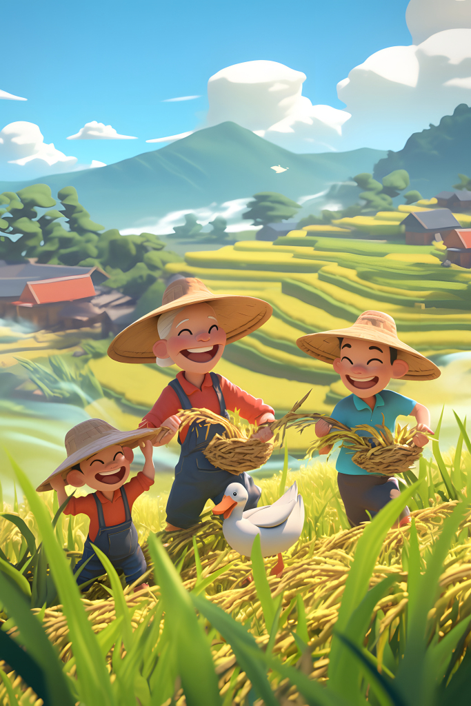 稻田收割插画元素