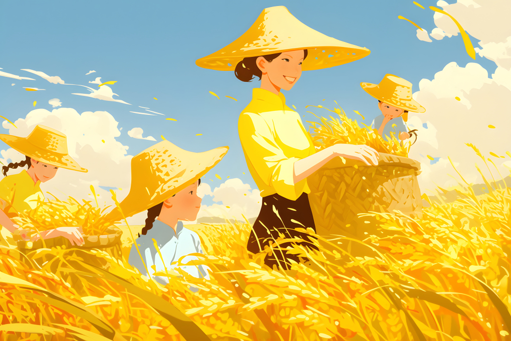 乡间稻田丰收插画元素