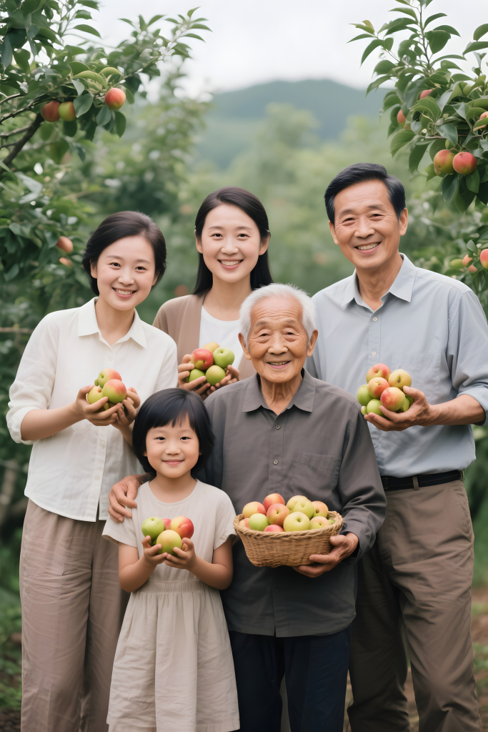 户外果园摘果一家人家庭合照人物摄影