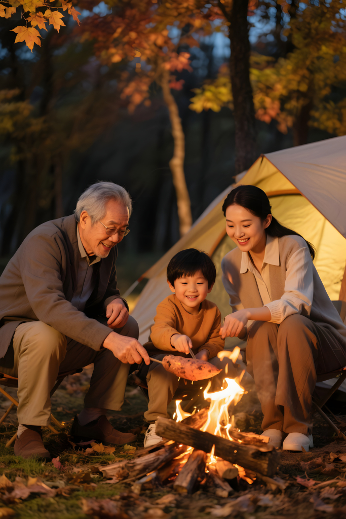 野外露营烤地瓜户外家庭合照全家福
