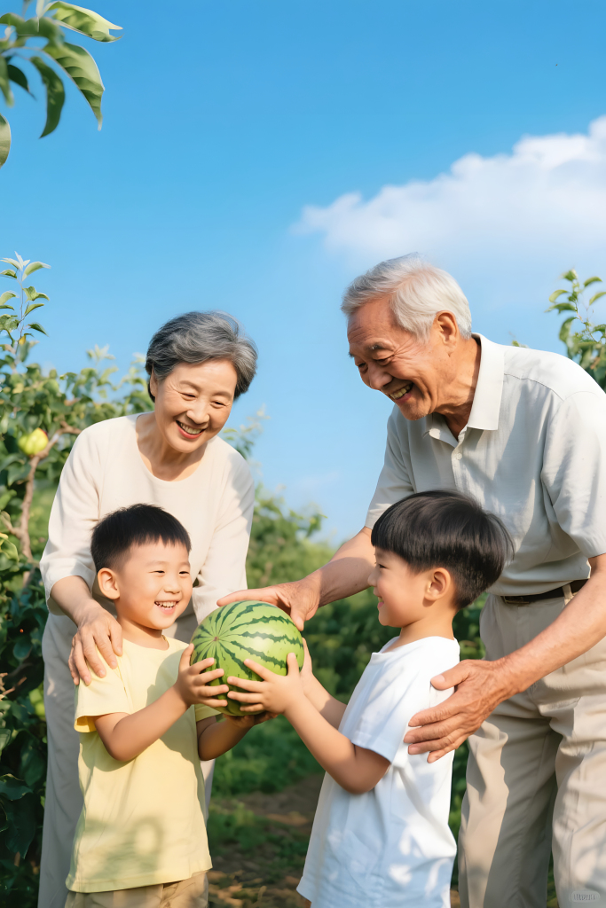 户外果园摘果西瓜一家人家庭合照人物摄影