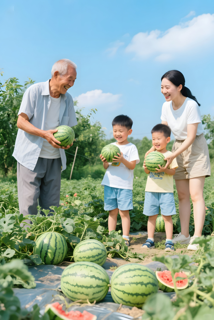 西瓜一家人果园摘果子祖孙亲子全家福合影