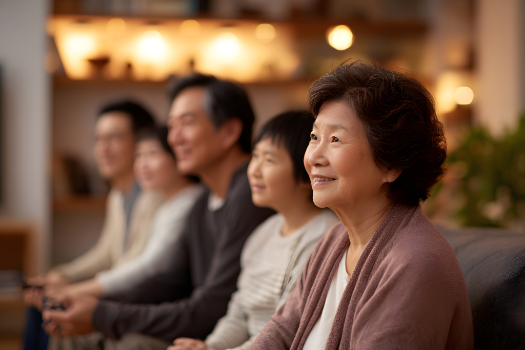 一家人围坐居家看电视亲子温馨家庭合照